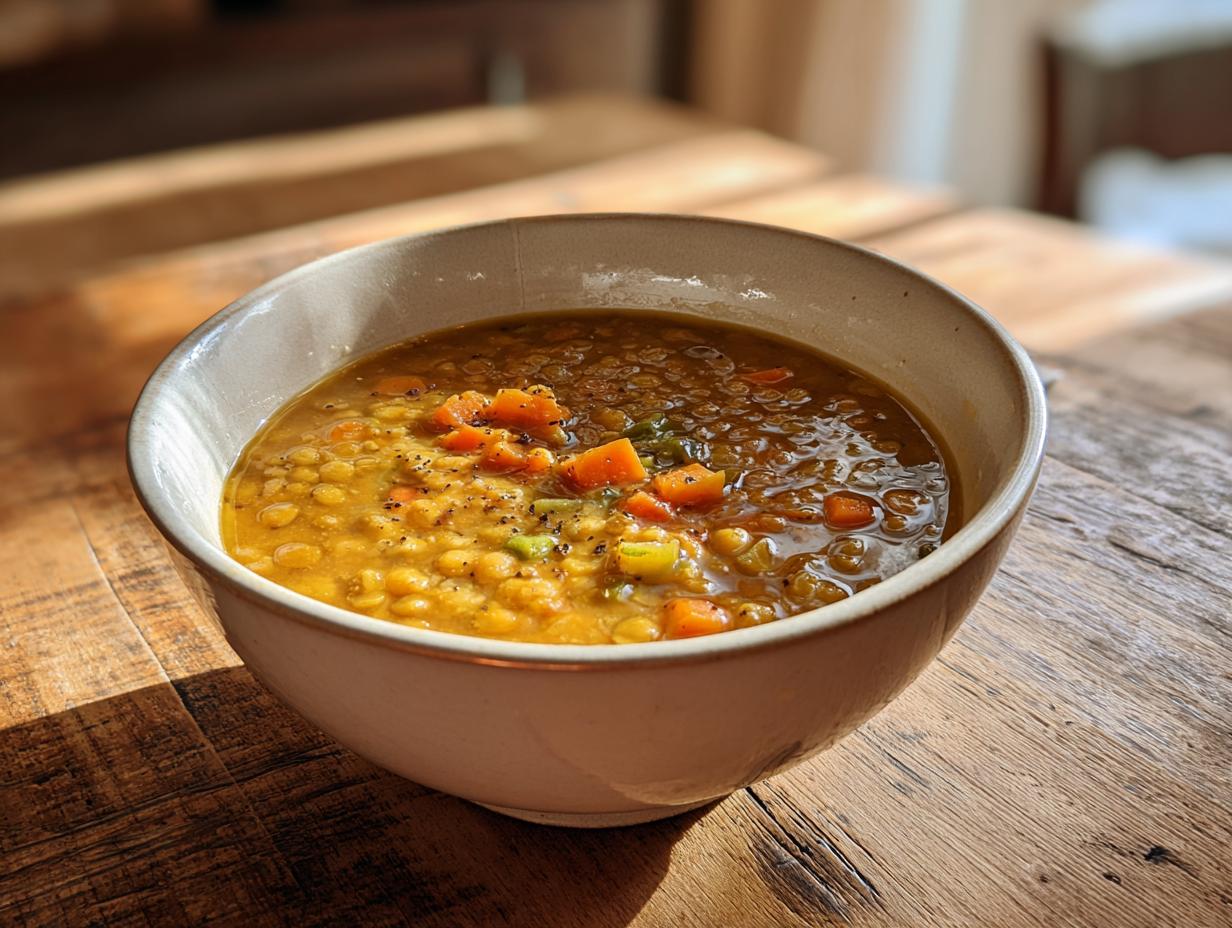 Tazón de sopa de lentejas con verduras, ideal como platos de cuchara invierno