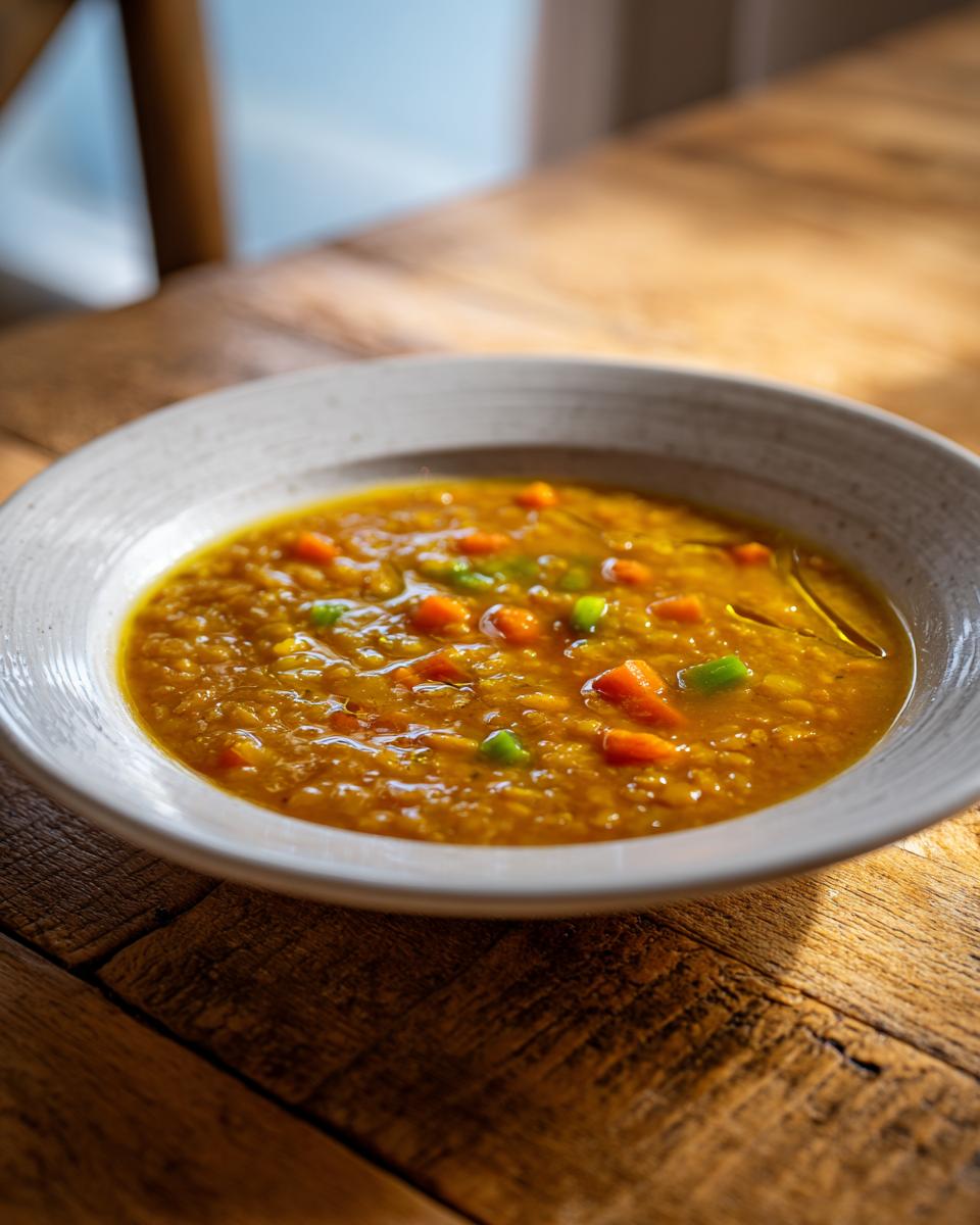 Plato blanco con sopa caliente de lentejas y verduras, ideal para platos de cuchara invierno
