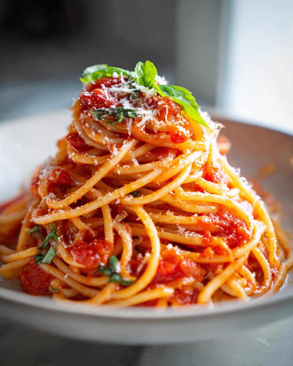 Primer plano de un plato de spaghetti con salsa de tomate y albahaca, ideal para recetas para cenar.