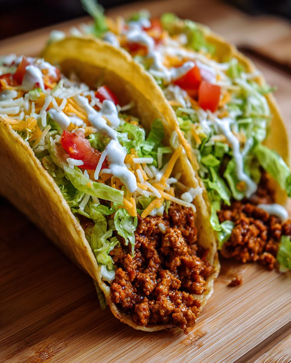 Primer plano de tacos de pavo molido caseros con lechuga, queso rallado, tomate y crema agria.