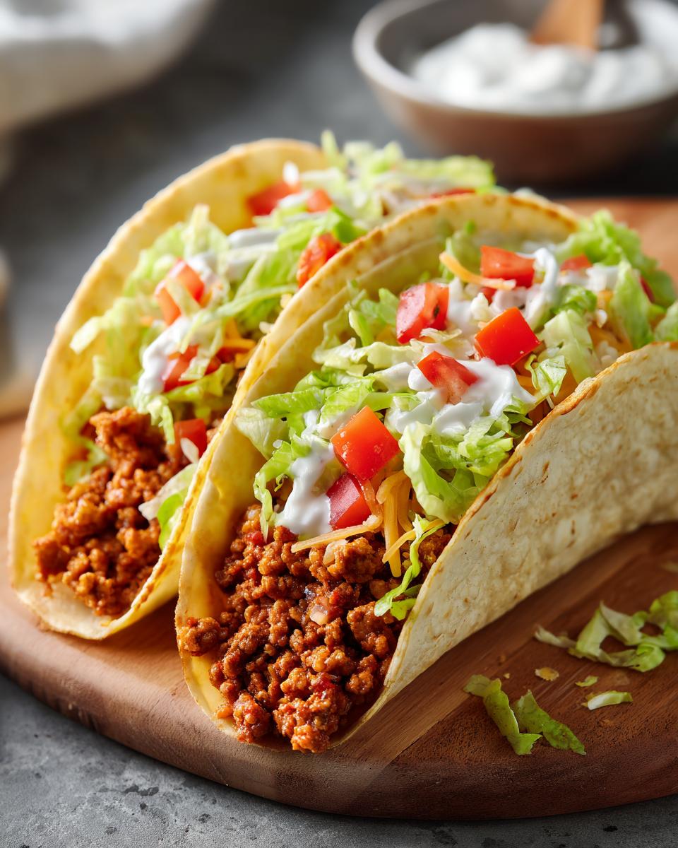 Primer plano de dos tacos de pavo molido con lechuga, tomate, queso y crema agria.