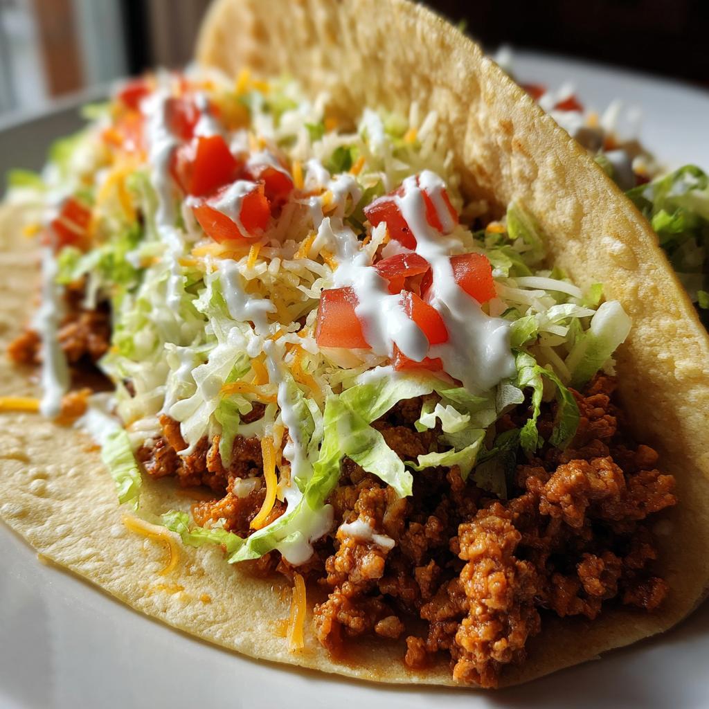 Primer plano de un taco de pavo molido con lechuga, tomate, queso rallado y crema agria.
