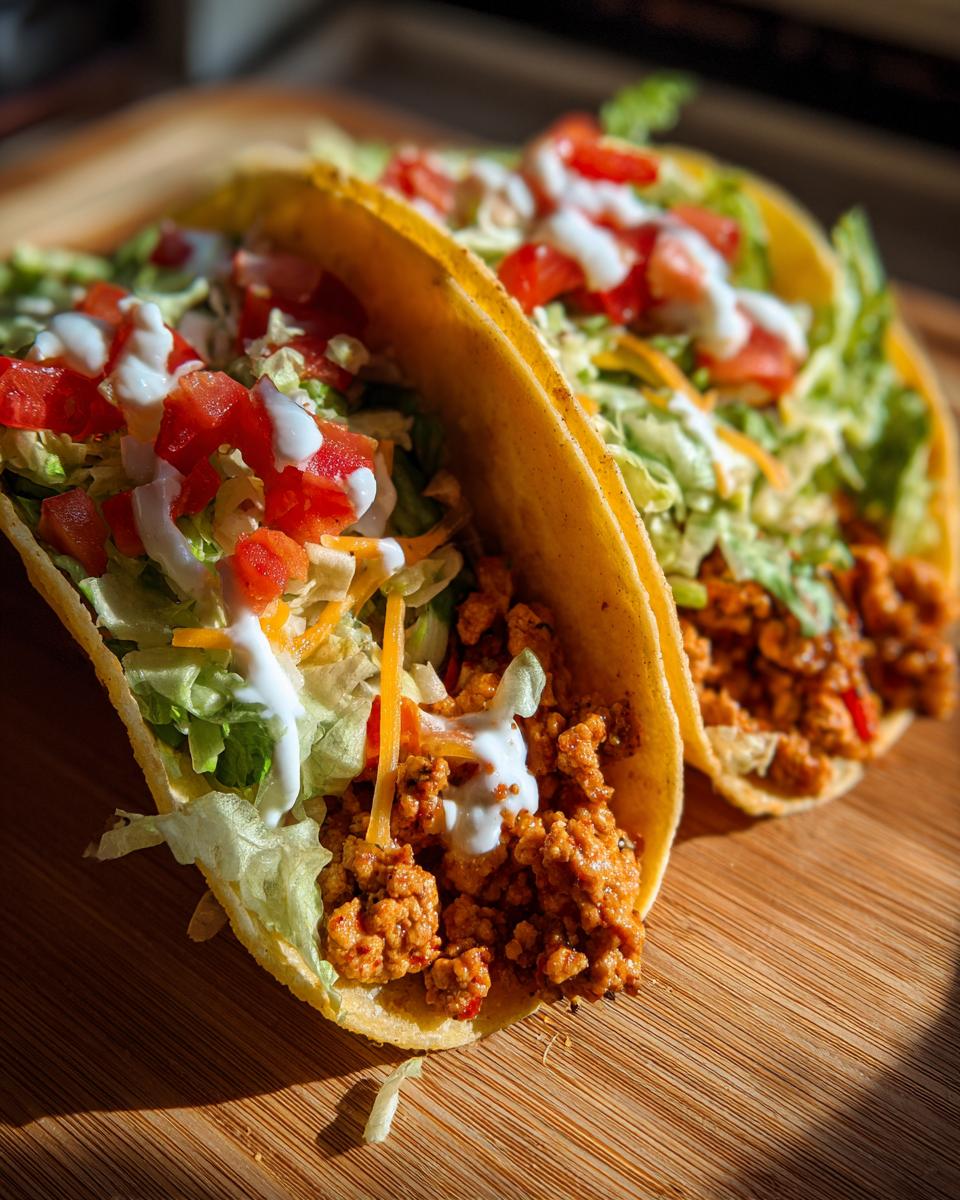 Primer plano de dos tacos de pavo molido, rellenos de lechuga, tomate, queso y aderezo cremoso.