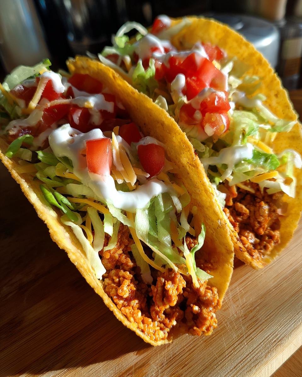 Primer plano de dos tacos crujientes rellenos de pavo molido, lechuga, tomate, queso y crema agria.