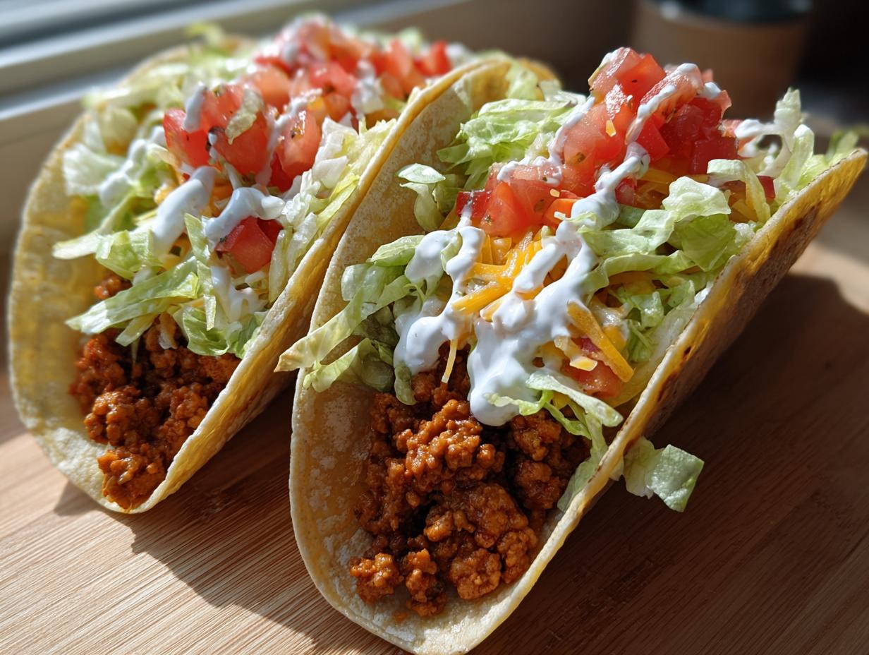 Primer plano de dos tacos de pavo molido, rellenos de lechuga, tomate, queso y crema agria.