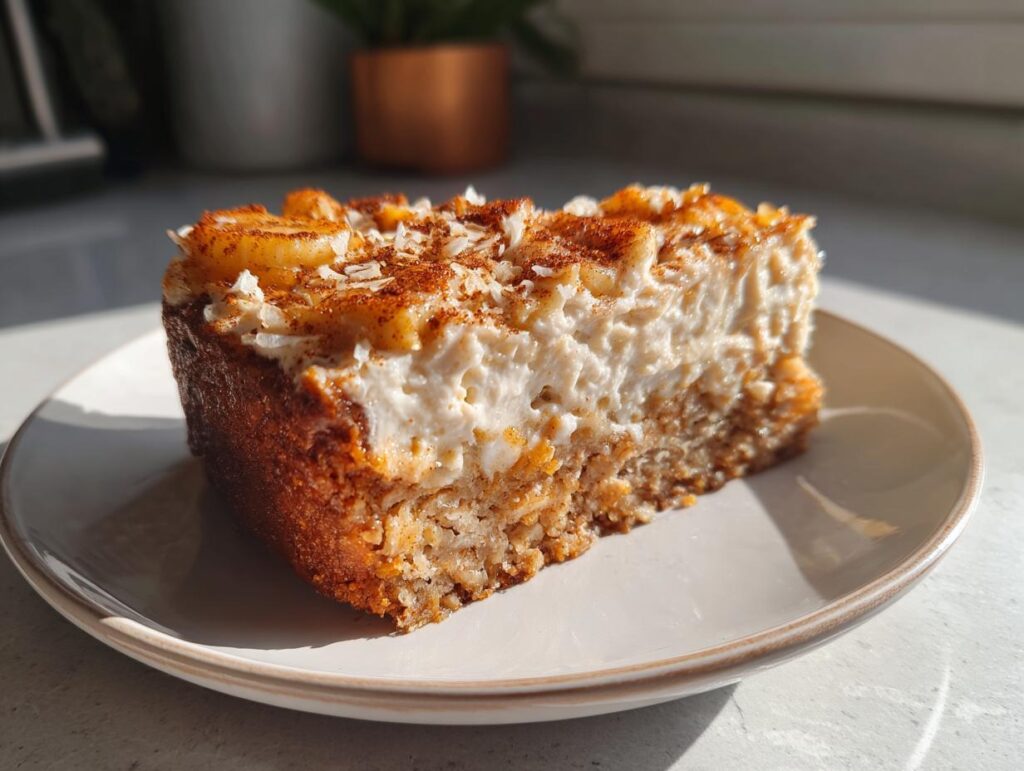 Rebanada de postre casero con capa cremosa y cobertura de canela y coco rallado, ideal para tapas españolas fáciles.