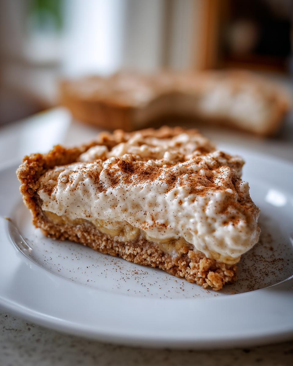 Rebanada de tarta de plátano con crema batida y canela espolvoreada, parte de tapas españolas fáciles para casa.