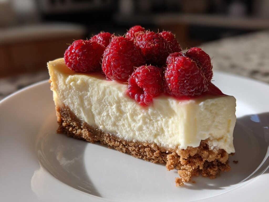 Rebanada de tarta de queso cremosa cubierta con frambuesas frescas, un delicioso postre de navidad sin horno.