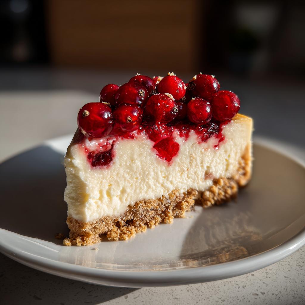 Rebanada de tarta de queso cremosa con base de galleta y cubierta de frutos rojos, un postre de navidad sin horno.