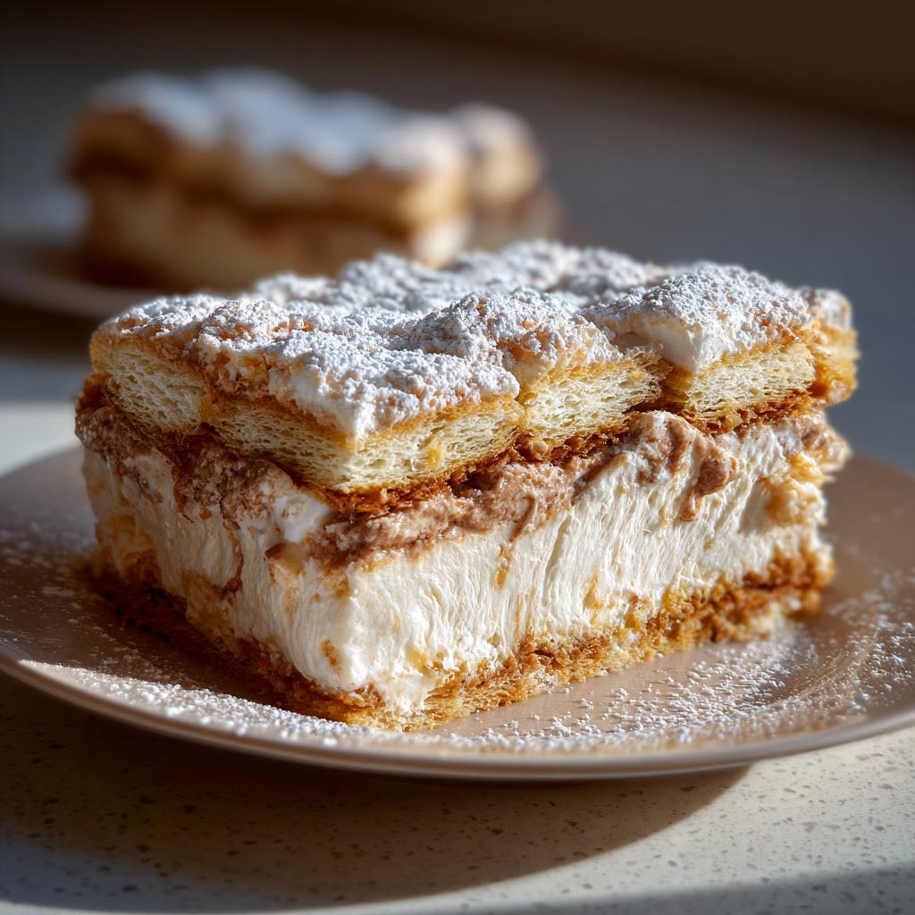 Primer plano de un trozo de pastel cremoso, espolvoreado con azúcar glas, una de las tendencias postres navideños España.