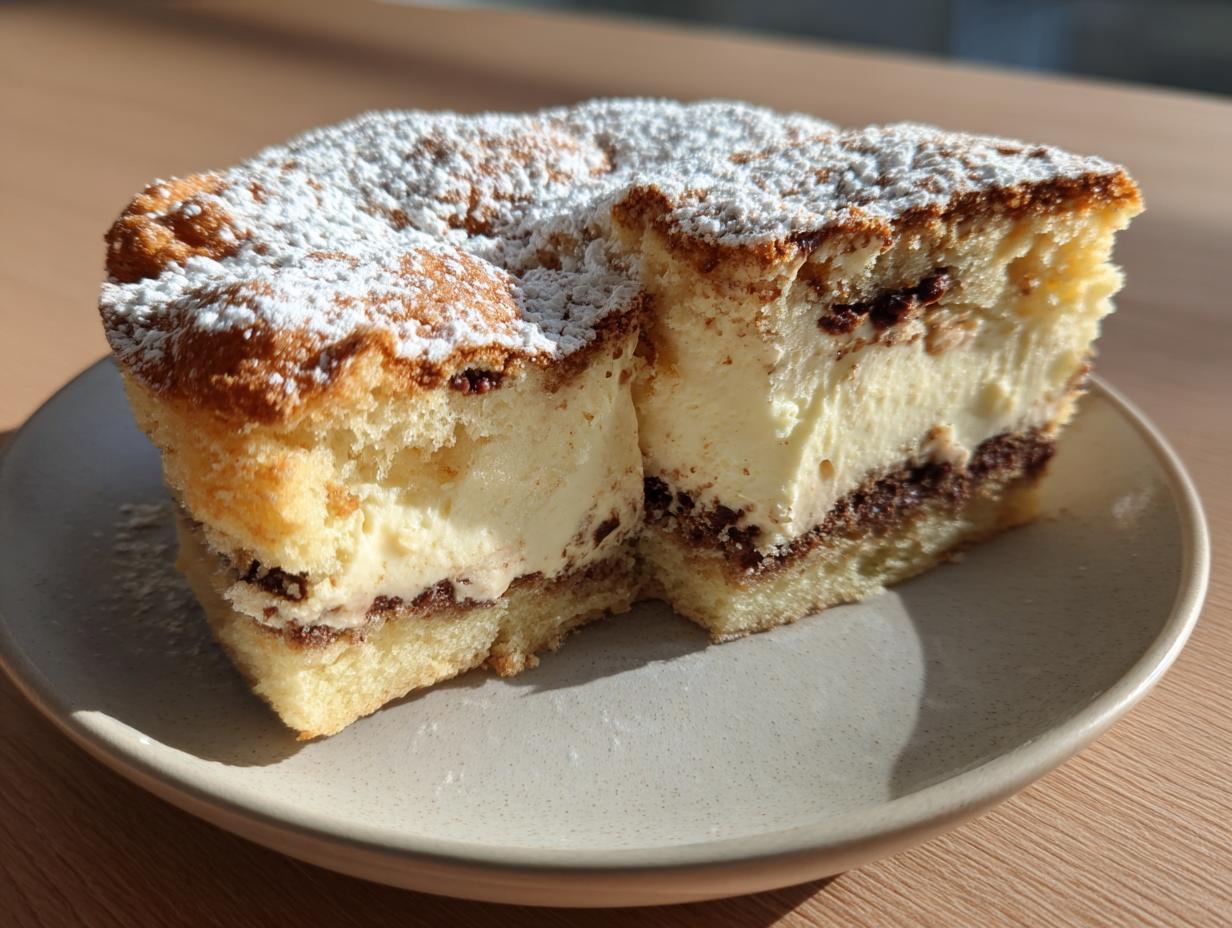 Primer plano de un rebanada de bizcocho relleno de crema y chocolate, espolvoreado con azúcar glas, una de las tendencias postres navideños España.