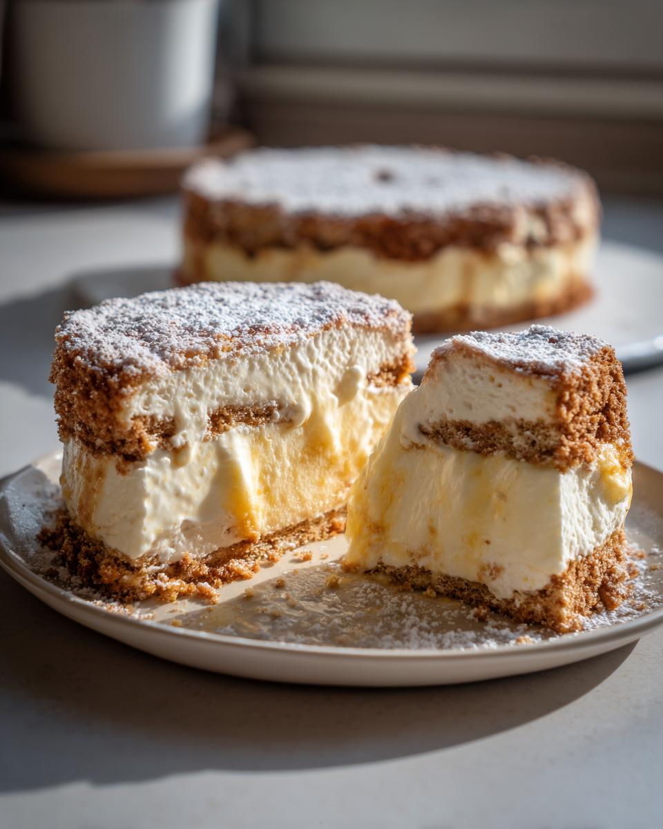 Primer plano de una tarta cremosa con base de galleta, espolvoreada con azúcar glas, una porción cortada. Tendencias postres navideños España.