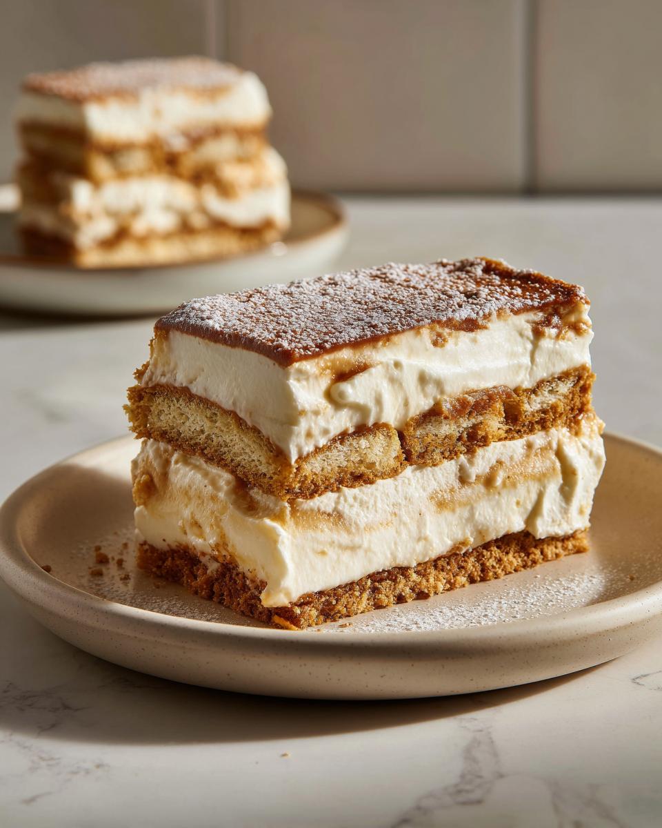 Porción de tiramisú con crema y bizcochos, espolvoreado con azúcar glas, una de las tendencias postres navideños España.