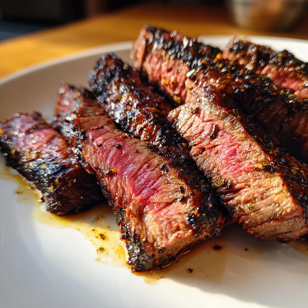 Tiras de carne asada jugosa y con costra perfectamente grillada servidas en plato blanco