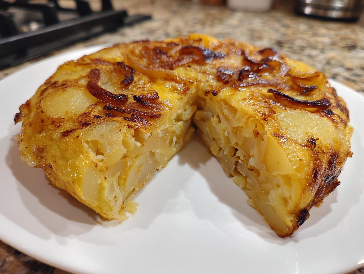 Primer plano de una jugosa tortilla de patatas, un corte revela las capas de patata y huevo, ideal para recetas virales TikTok España 2025.