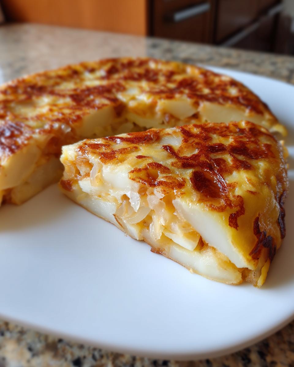 Primer plano de una porción de tortilla de patatas española, mostrando las capas de patata y cebolla.