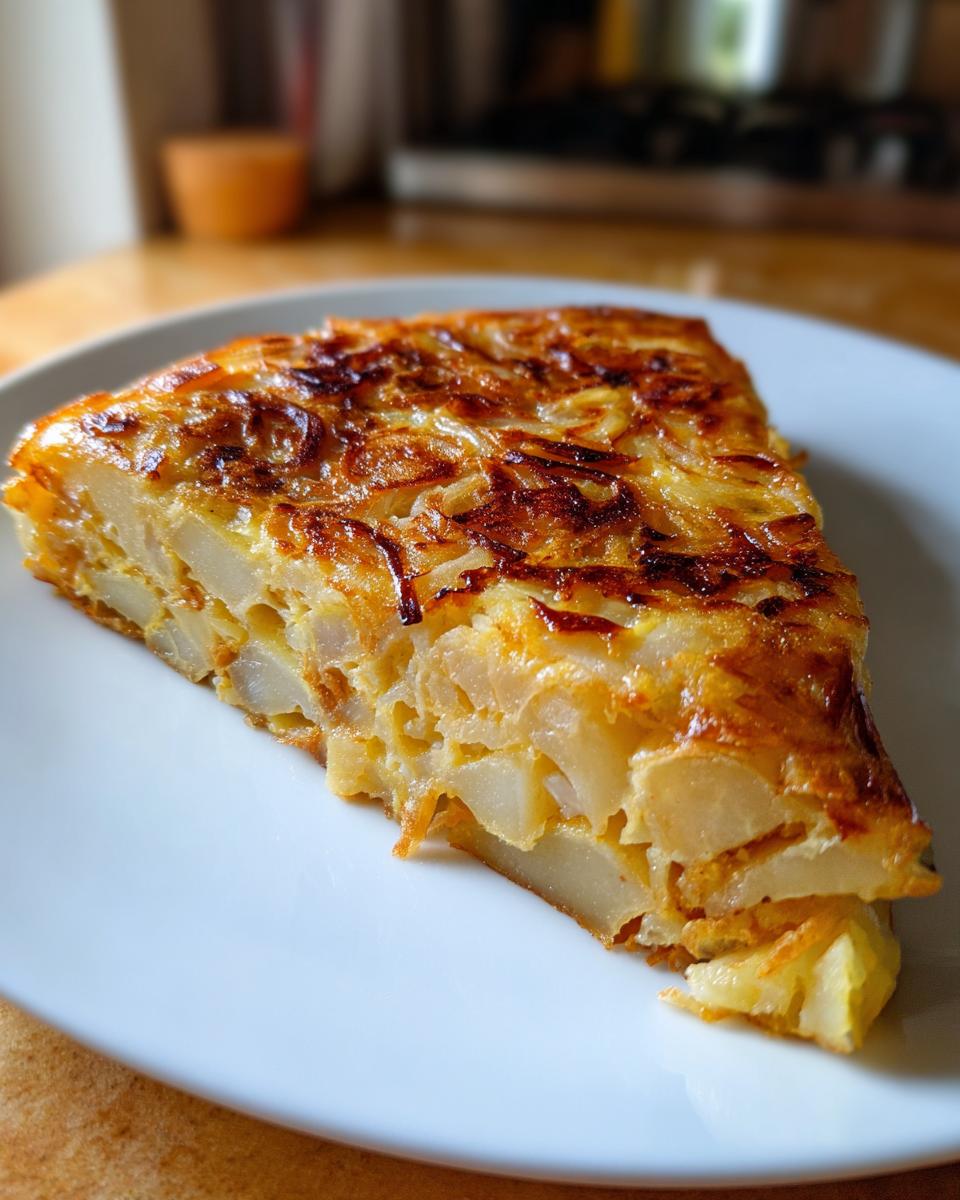 Un trozo de tortilla de patatas española casera, con patatas tiernas y cebolla caramelizada, servida en un plato blanco.