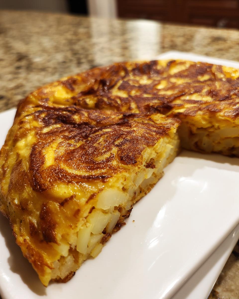 Primer plano de una porción de tortilla española clásica, mostrando las patatas y el huevo dorado.