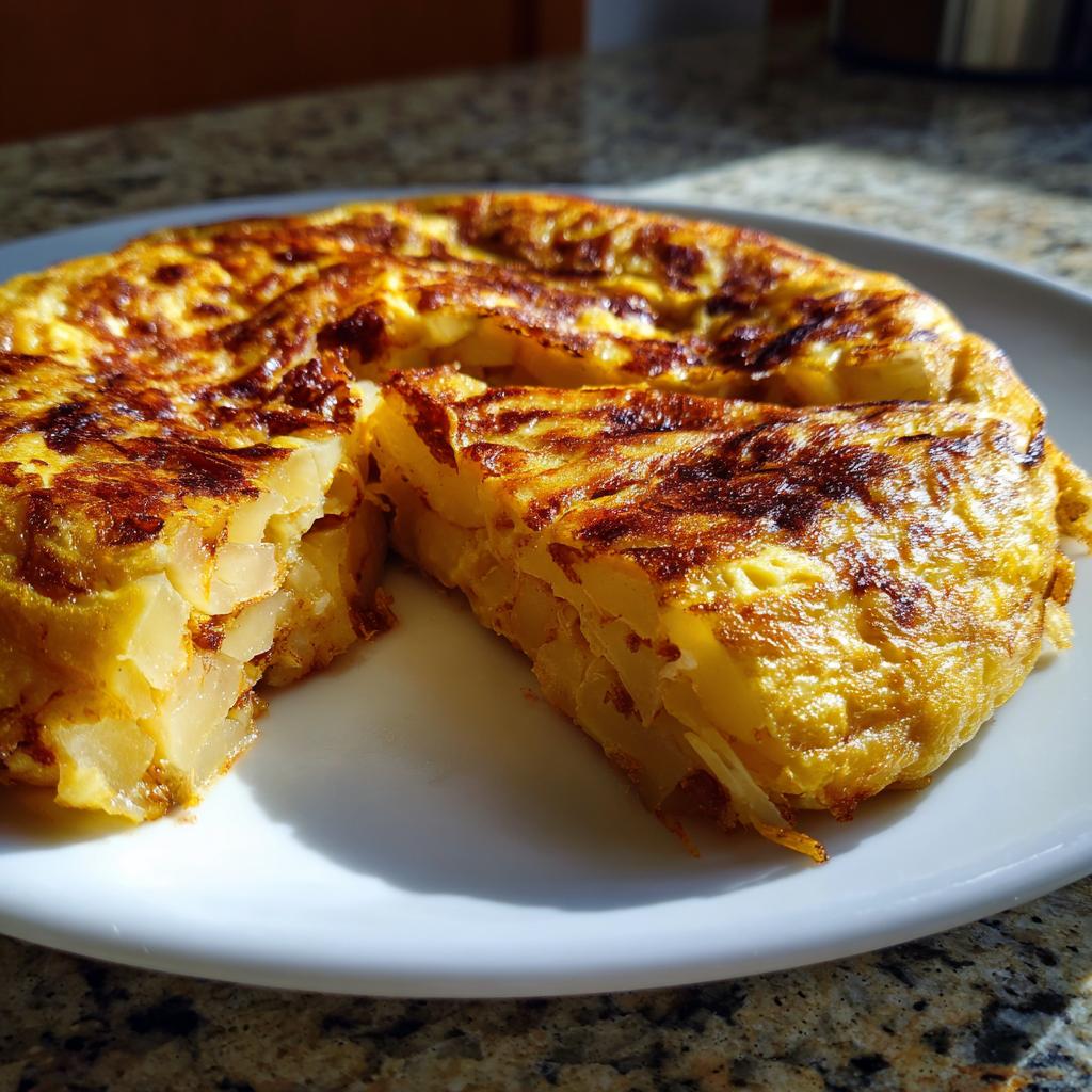 Primer plano de una deliciosa tortilla española clásica cortada en porciones, mostrando las capas de patata y huevo.