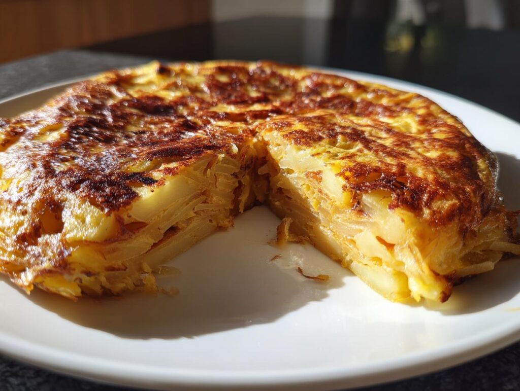 Primer plano de una tortilla española, un plato tradicional español, perfecta para recetas para fiestas familiares España.
