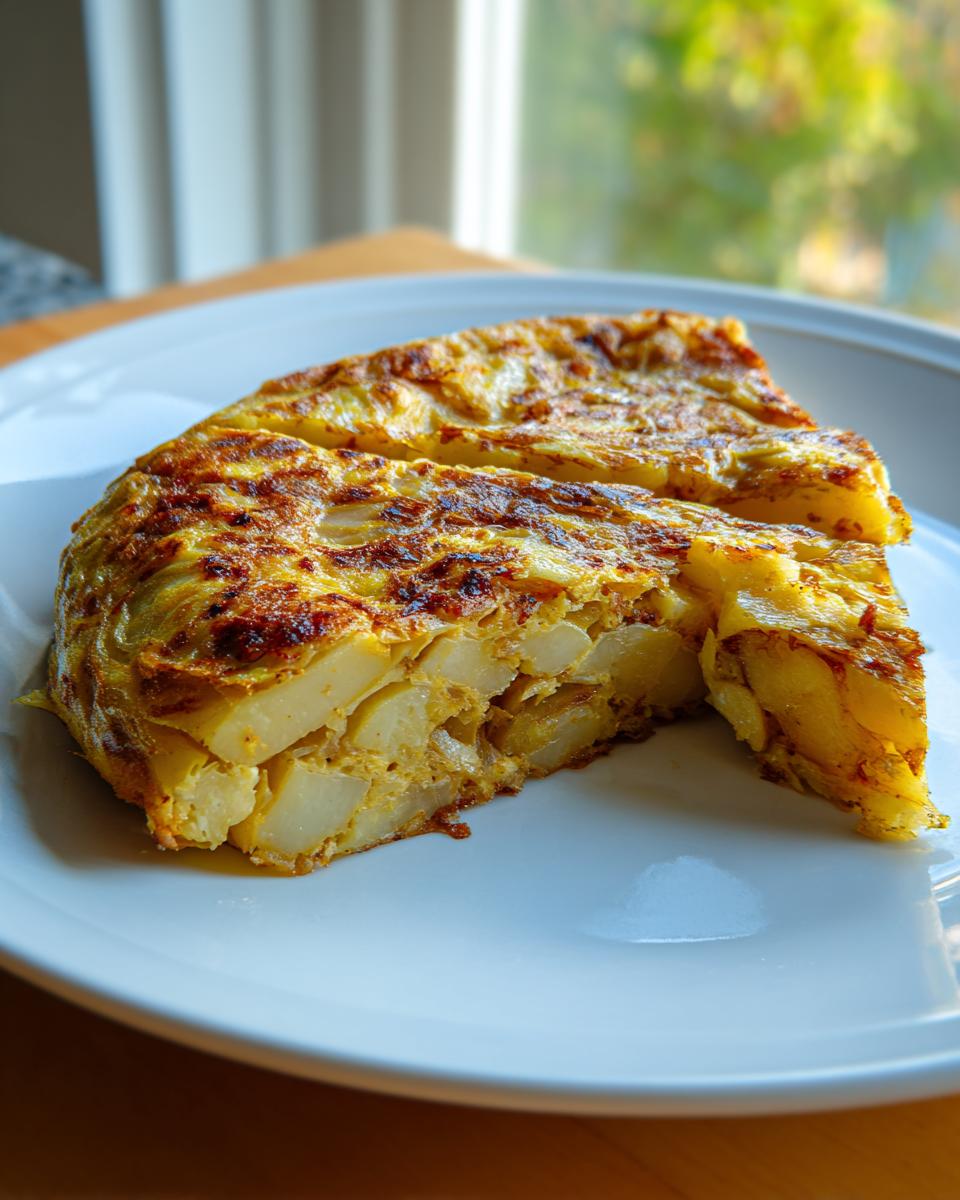 Primer plano de una porción de tortilla española, con patatas cortadas en cubos y huevo dorado, ideal para recetas para fiestas familiares España.