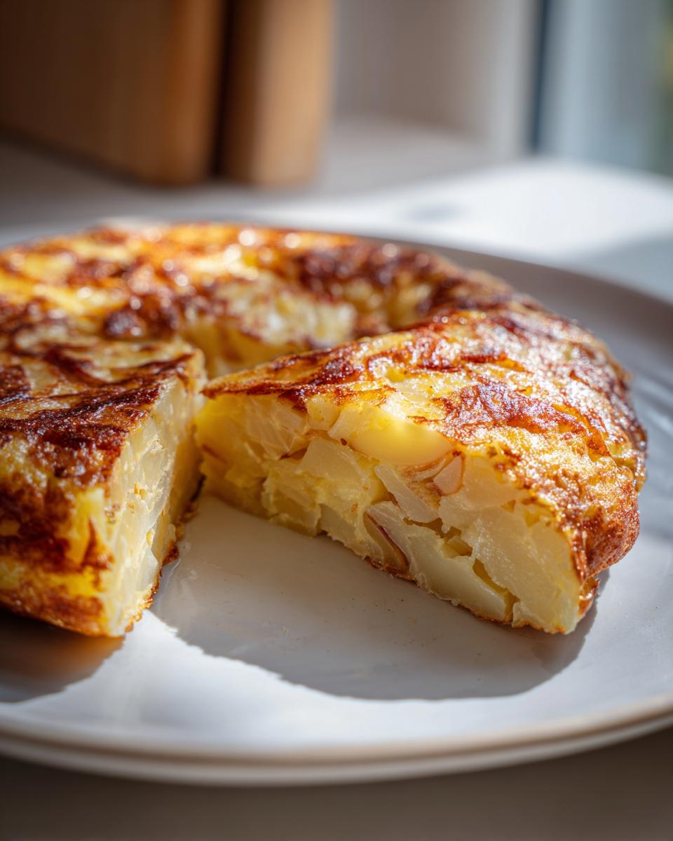 Primer plano de una tortilla española cortada, mostrando las patatas y el huevo, ideal para recetas para fiestas familiares España.