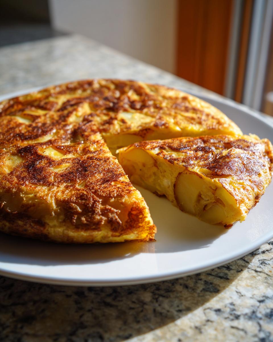 Una porción de tortilla española recién hecha, mostrando las patatas y el huevo dorado, parte de recetas rápidas para estudiantes.