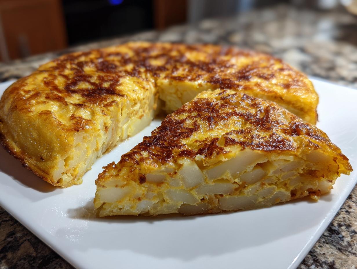 Una porción de tortilla española casera, mostrando las capas de patata y huevo, ideal para recetas rápidas para estudiantes.