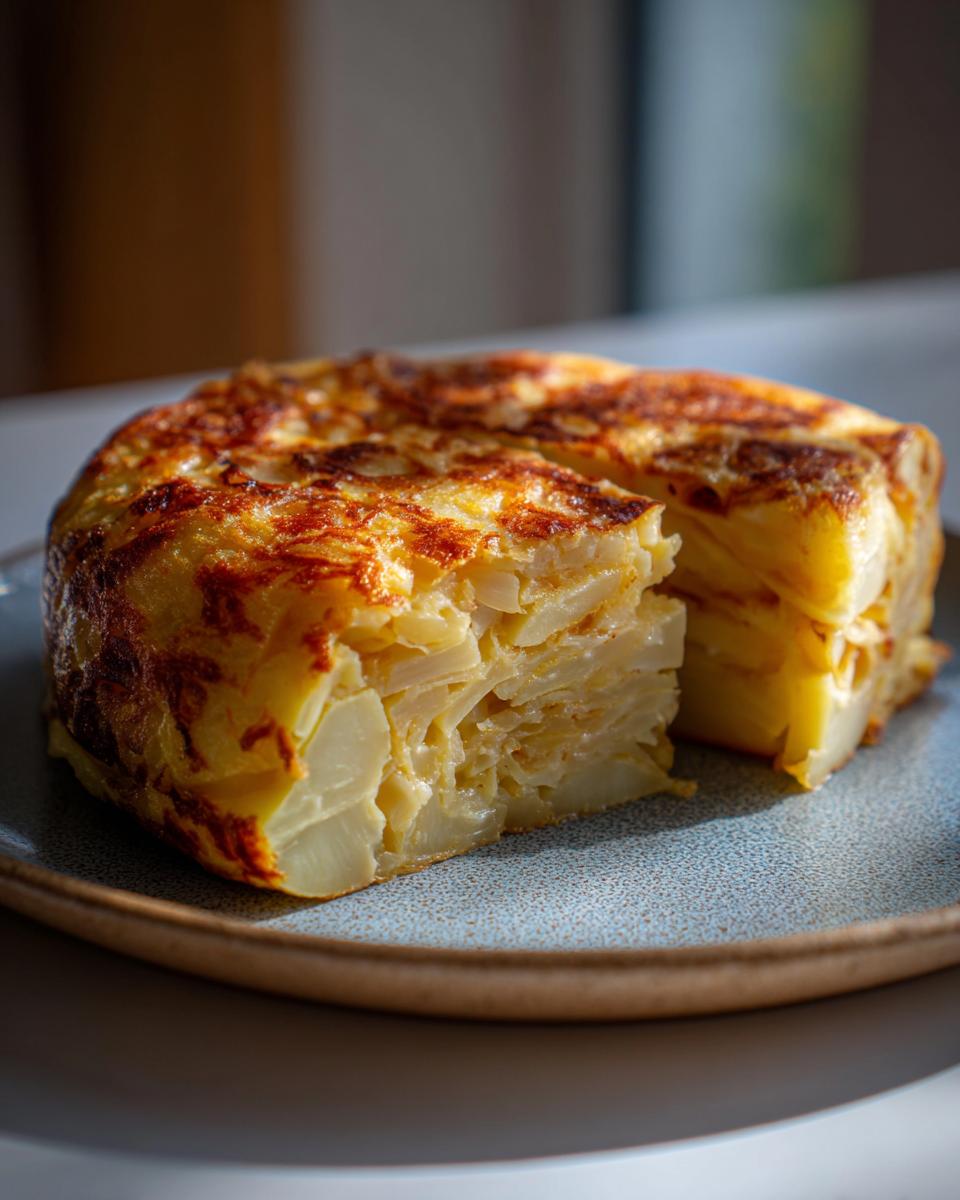 Primer plano de una Tortilla Española, un plato clásico de las recetas tradicionales españolas, con capas de patata y huevo.