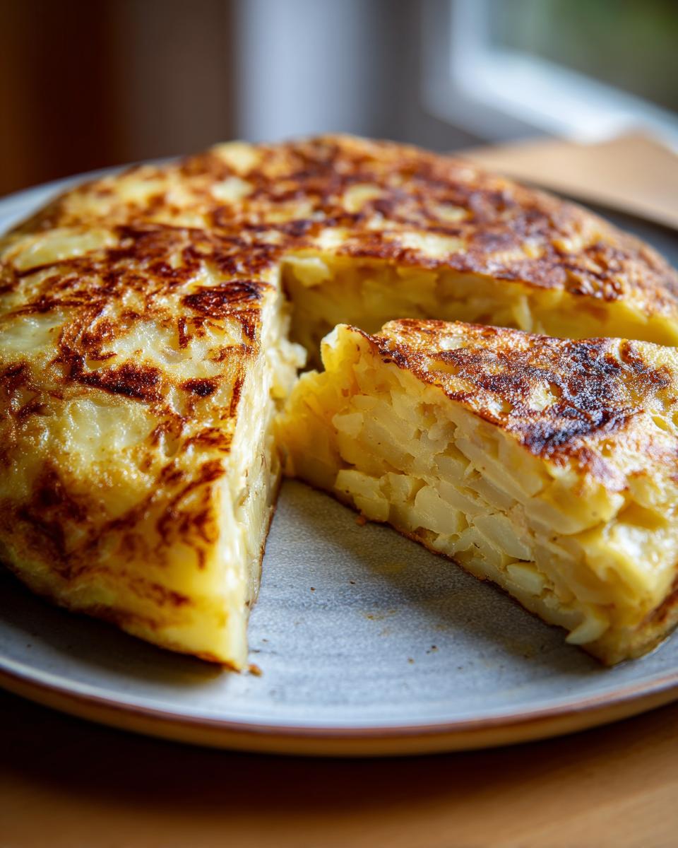 Primer plano de una tortilla española, un plato clásico de recetas tradicionales españolas, con una porción cortada.