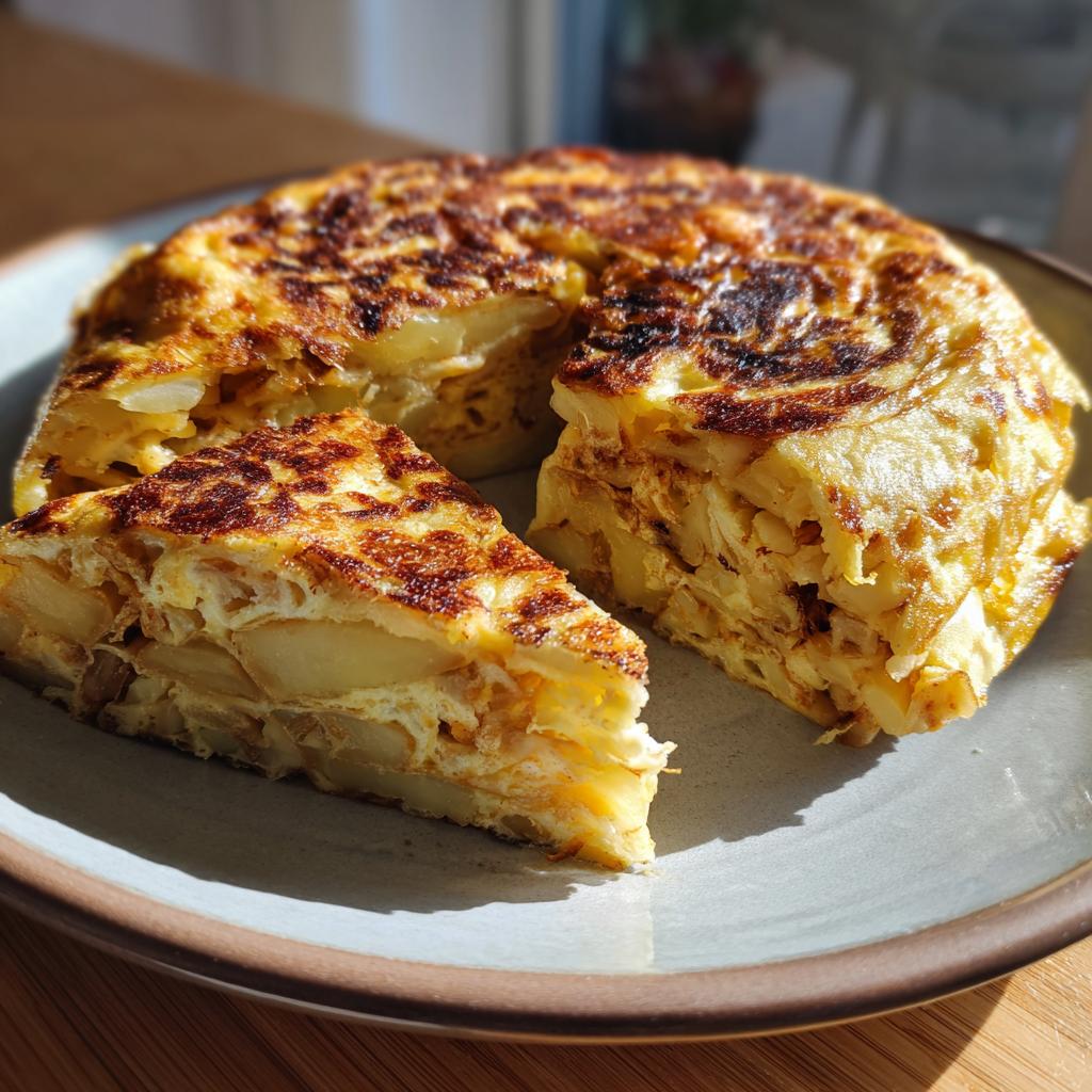 Primer plano de una tortilla española cortada en un plato, mostrando capas de patata y huevo, un clásico de las recetas tradicionales españolas.