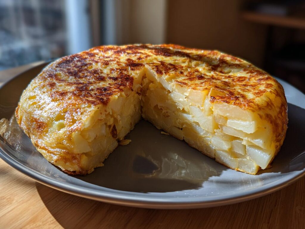 Primer plano de una Tortilla Española, un plato clásico de las recetas tradicionales españolas, cortada en porción.