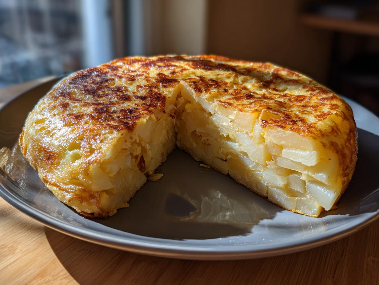 Primer plano de una Tortilla Española, un plato clásico de las recetas tradicionales españolas, cortada en porción.