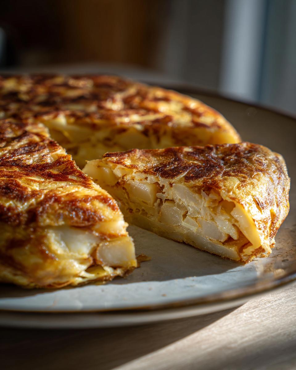 Primer plano de una porción de tortilla española, un plato clásico de recetas tradicionales españolas, mostrando patatas y huevo.