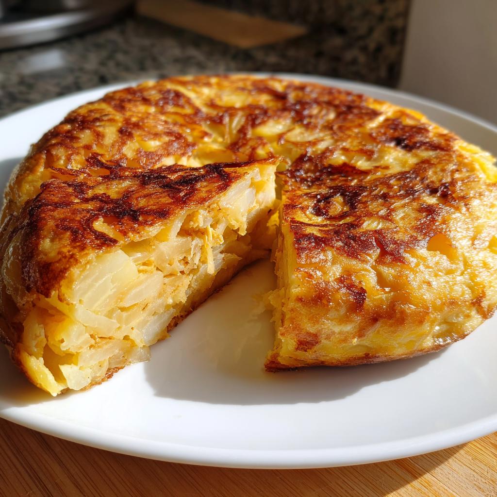 Primer plano de una tortilla española, un plato clásico de las recetas de tapas españolas, cortada en porciones.