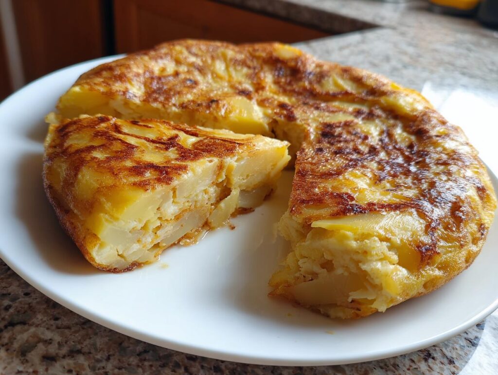 Primer plano de una tortilla española recién hecha, un plato esencial en las recetas de tapas españolas.