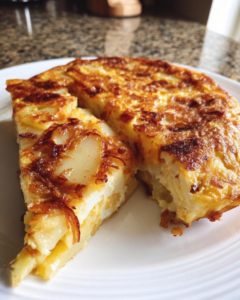 Primer plano de una porción de tortilla española, un plato tradicional de las recetas de tapas españolas, con patatas y huevo.