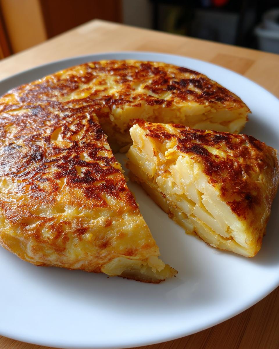 Primer plano de una Tortilla Española cortada en un plato blanco, mostrando las capas de patata y huevo, un plato esencial en las recetas de tapas españolas.