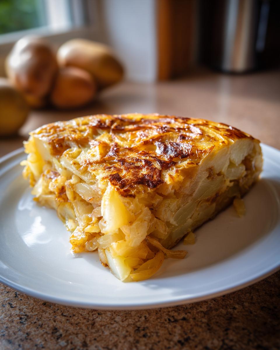 Un trozo de tortilla española servido en un plato blanco, mostrando las capas de patata y cebolla.