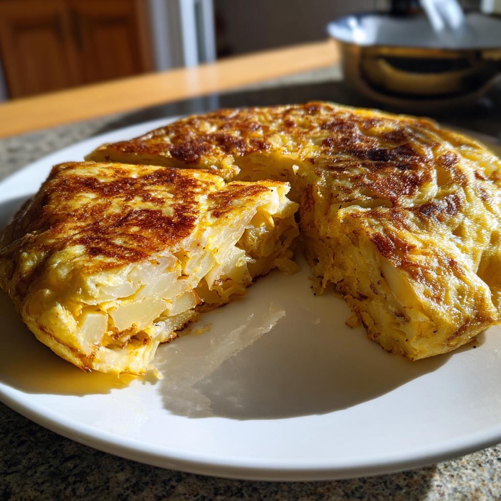 Primer plano de una tortilla de patatas española cortada en un plato blanco, ideal para recetas para fiestas familiares España.