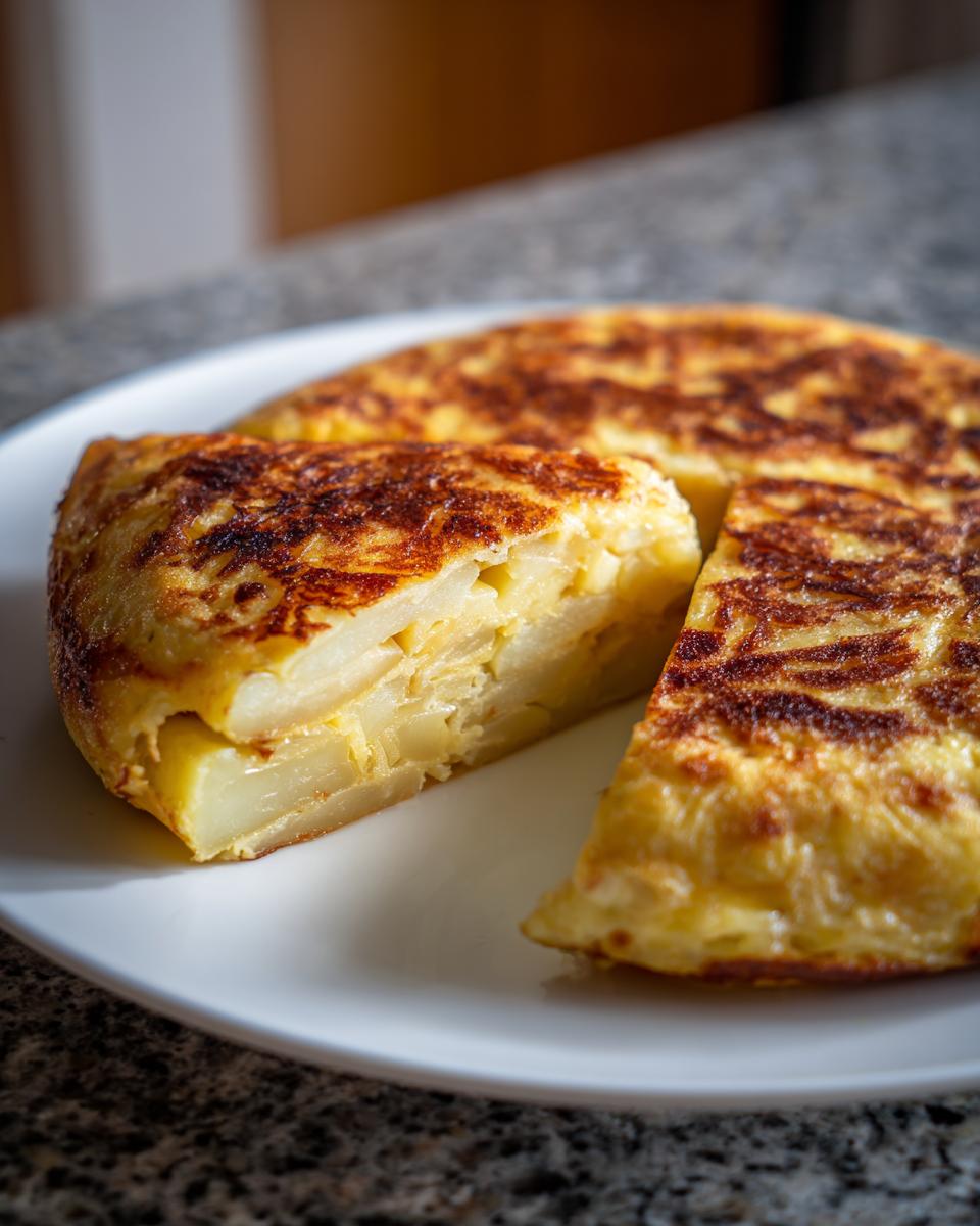 Primer plano de una porción de tortilla de patatas española, mostrando las capas de patata y huevo, ideal para recetas rápidas para estudiantes.