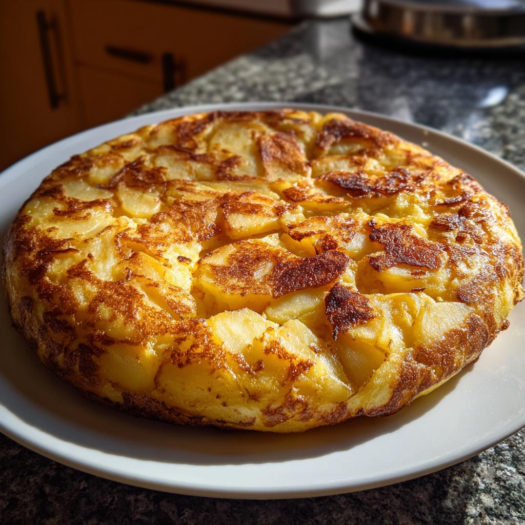 Tortilla de patatas española recién hecha, dorada y apetitosa, perfecta para recetas rápidas para estudiantes.