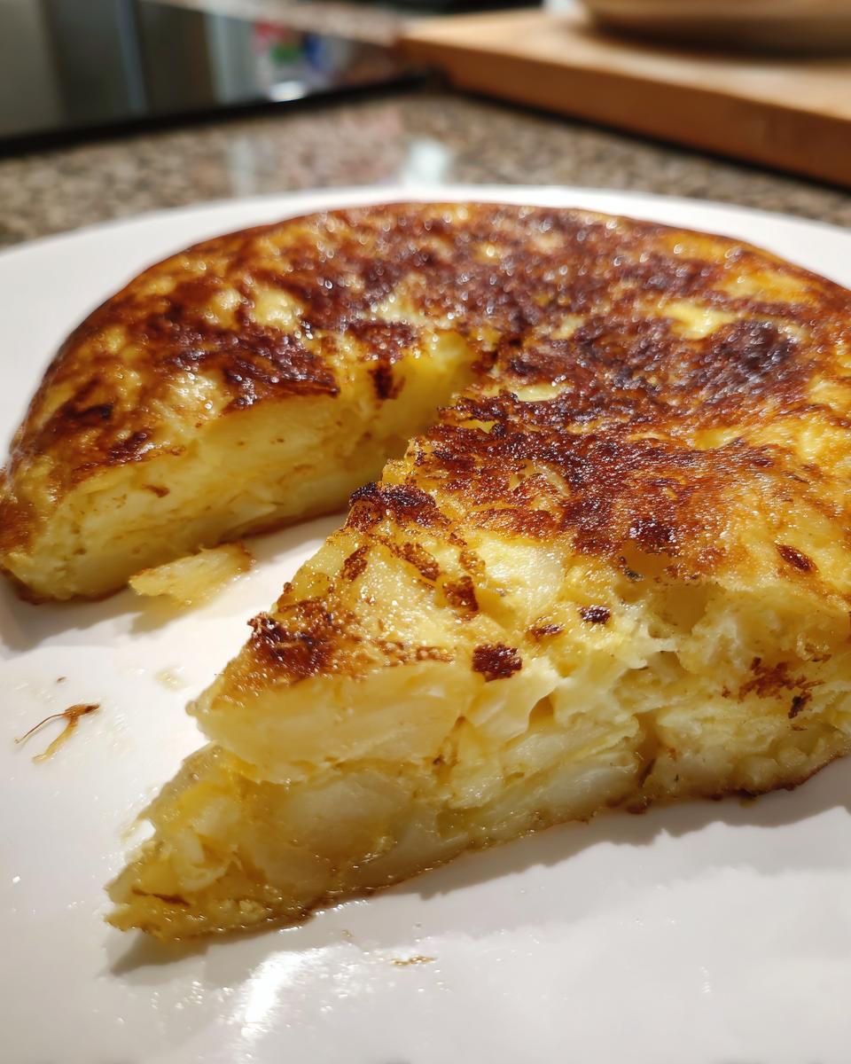 Primer plano de una porción de tortilla de patatas española, un plato clásico y popular en las recetas virales de TikTok España 2025.