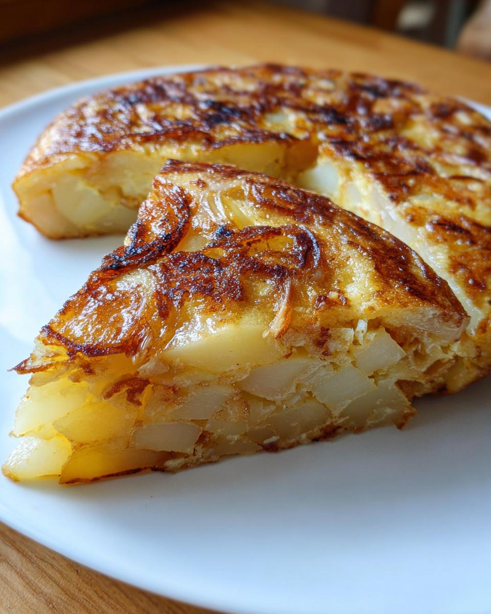 Primer plano de una porción de tortilla de patatas española, mostrando las patatas cocidas y el huevo dorado, parte de las recetas virales TikTok España 2025.