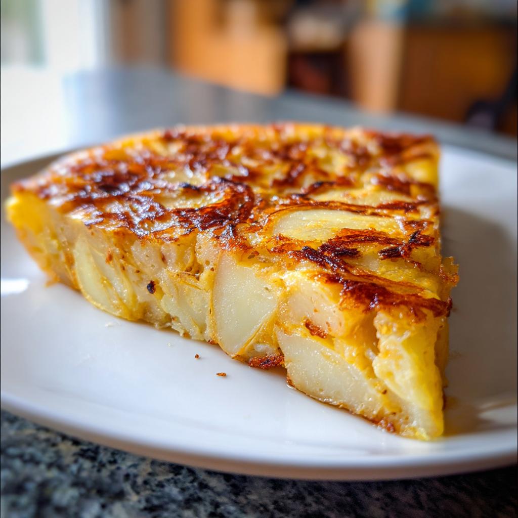 Un trozo de tortilla de patatas española, jugosa y dorada, lista para disfrutar. Receta viral TikTok España 2025.