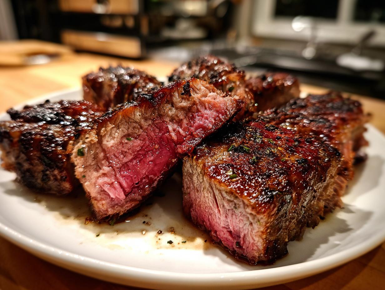 Plato con trozos gruesos de carne asada jugosa y bien sellada con especias.