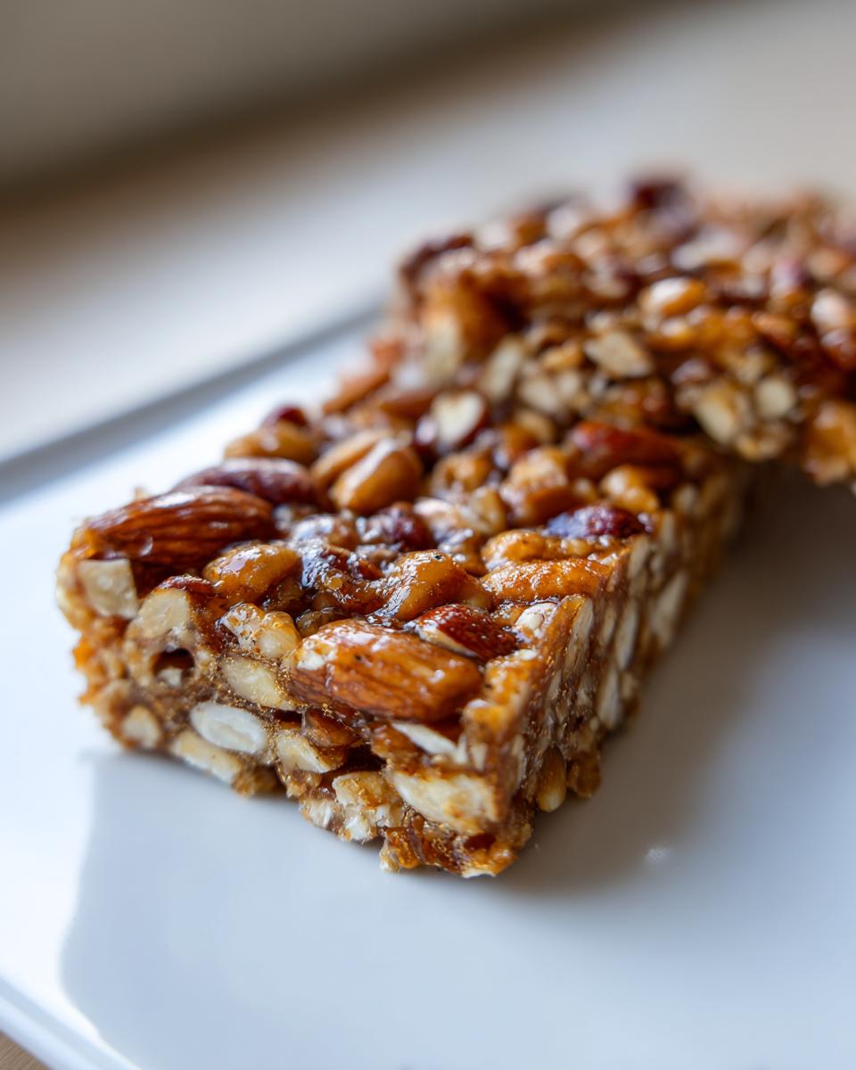 Primer plano de un trozo de turrón casero fácil con almendras enteras y un glaseado dorado.