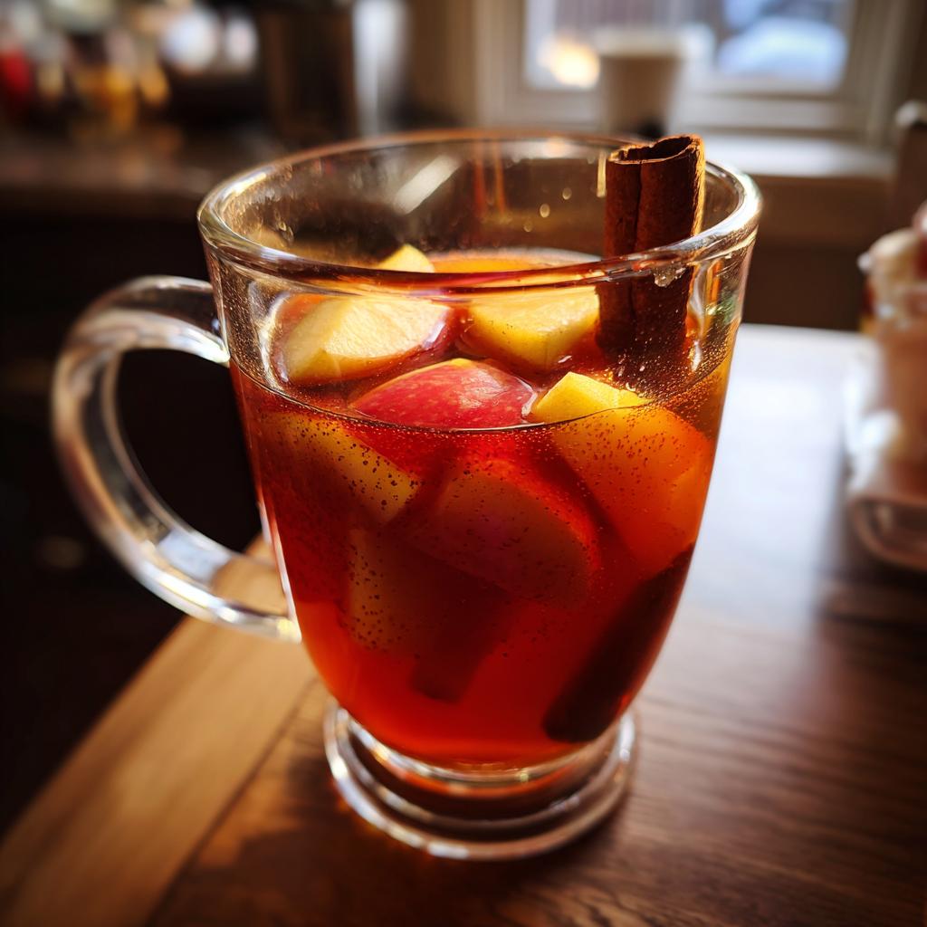 Vaso transparente con ponche navideño fácil, trozos de frutas y una rama de canela