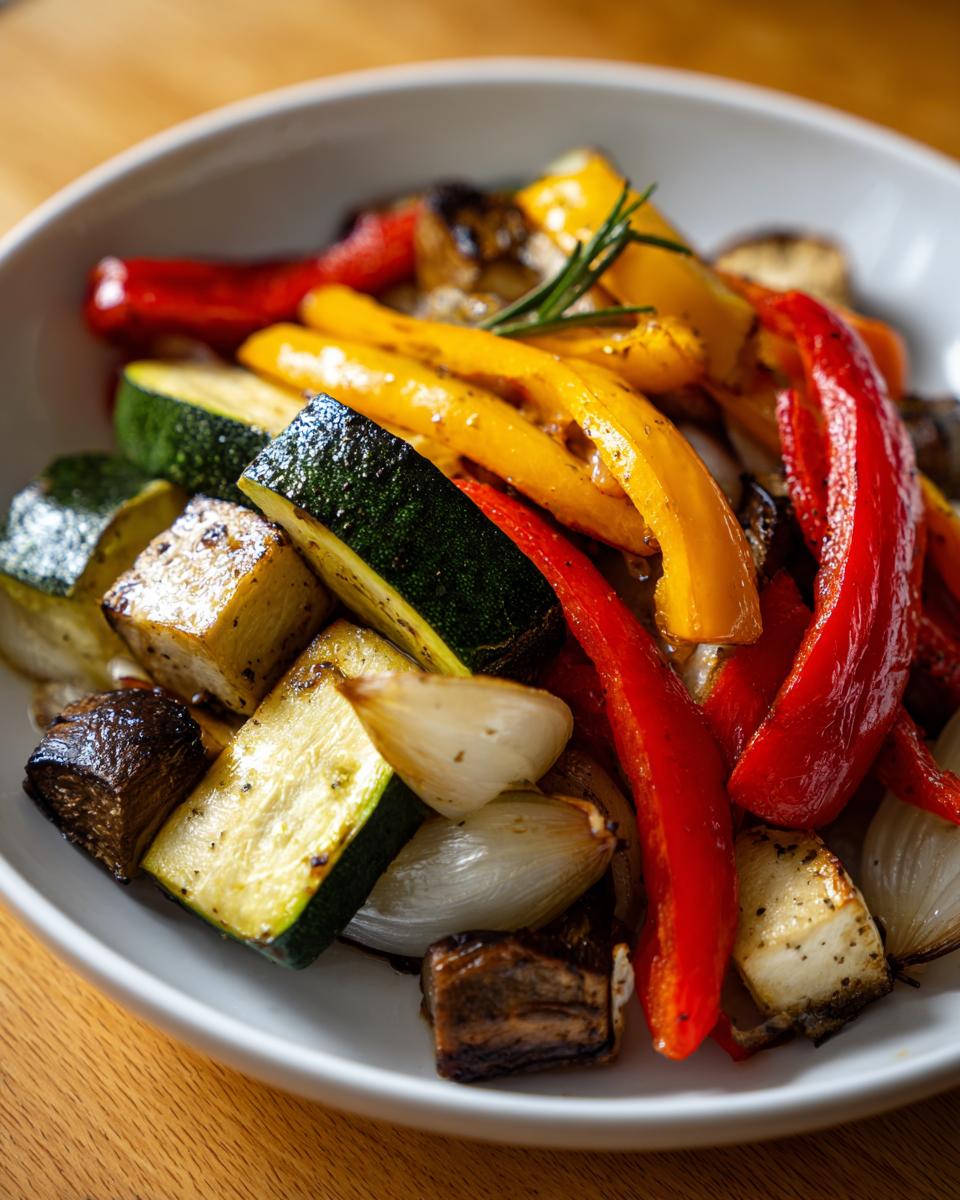 Primer plano de un plato blanco lleno de deliciosas verduras asadas, incluyendo pimientos rojos y amarillos, calabacín y cebolla.