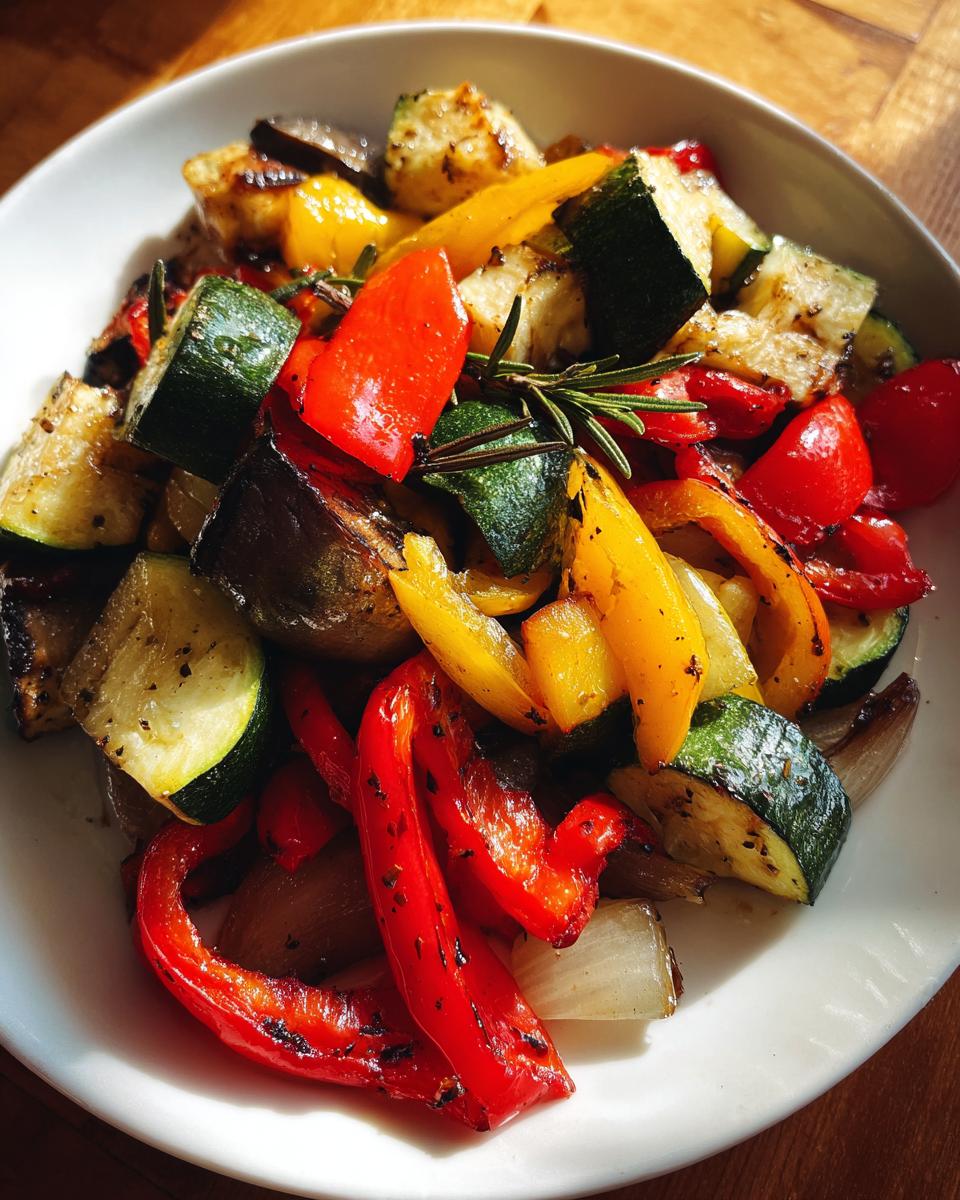 Primer plano de un plato de deliciosas verduras asadas, incluyendo pimientos rojos y amarillos, calabacín y berenjena, con romero.